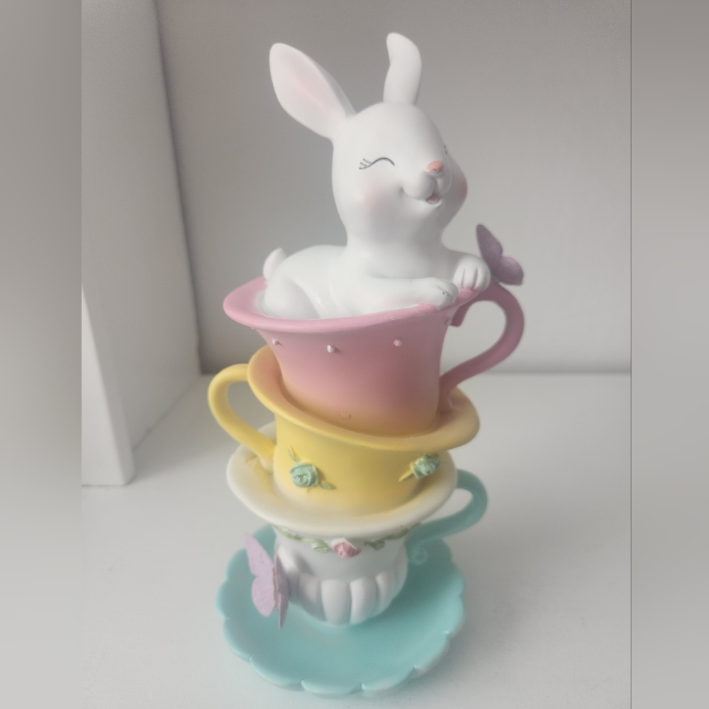 Whimsical Bunny Sitting In 3 Stacked Teacup Figurine - Pastel Colors